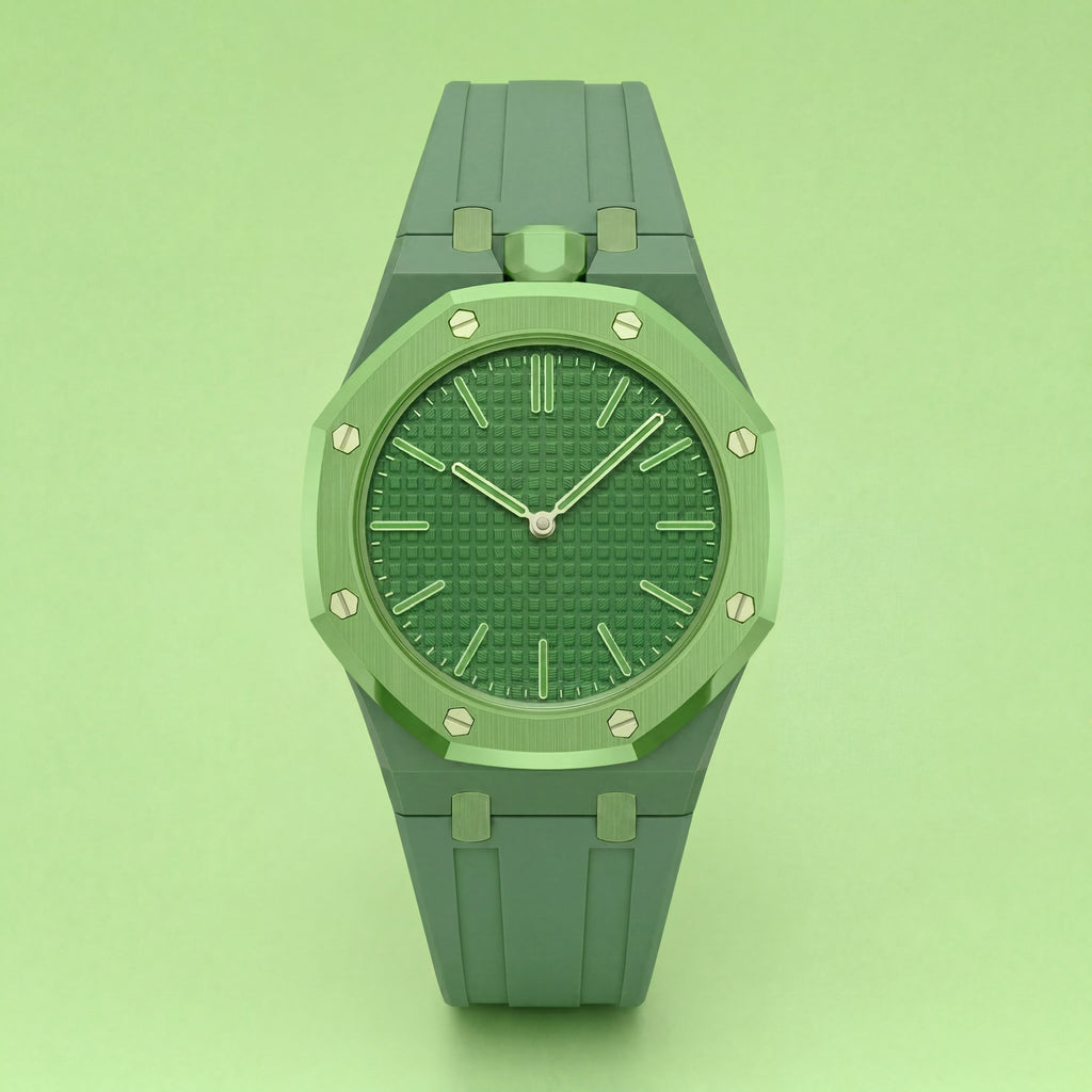 POPSTRAP cage strap in Green on the 40mm Swatch x AP pocket-watch head — military-inspired silicone strap made in France