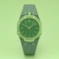 POPSTRAP cage strap in Green on the 40mm Swatch x AP pocket-watch head — military-inspired silicone strap made in France
