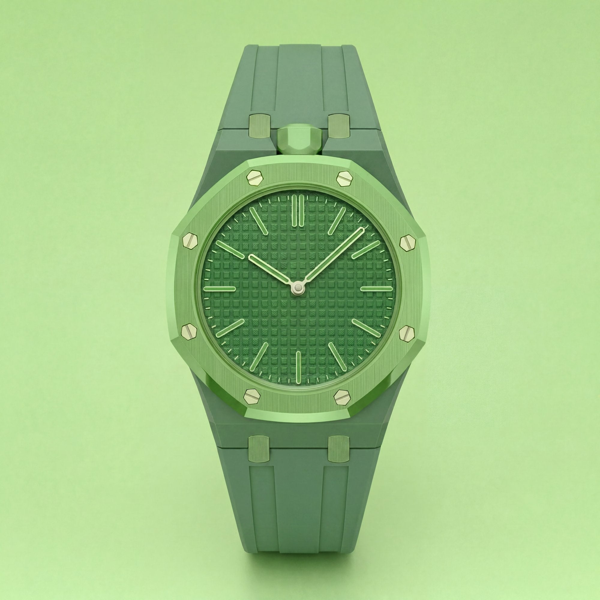 POPSTRAP cage strap in Green on the 40mm Swatch x AP pocket-watch head — military-inspired silicone strap made in France