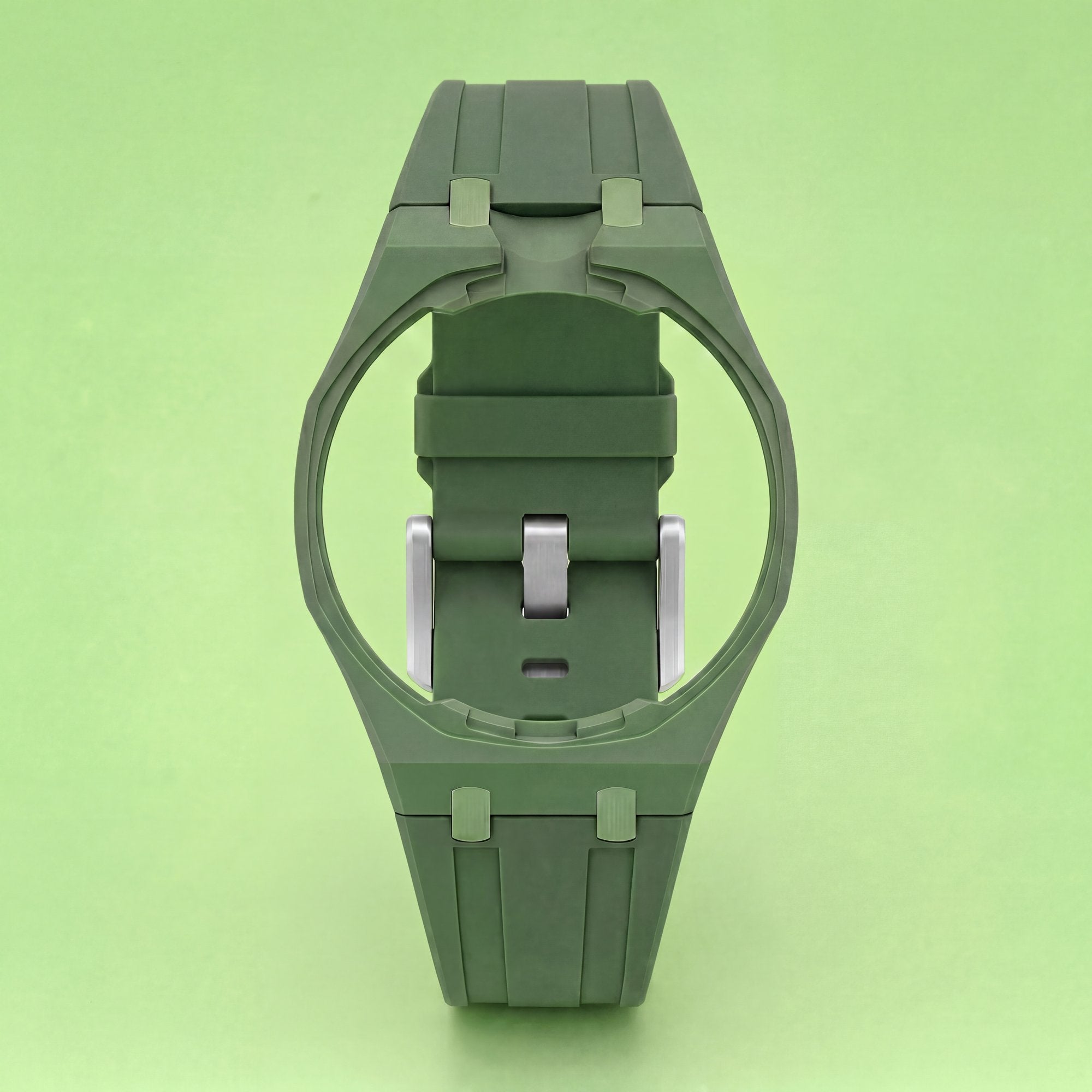 POPSTRAP Green silicone strap profile — military-inspired colorway for the 40mm Swiss pocket-watch head