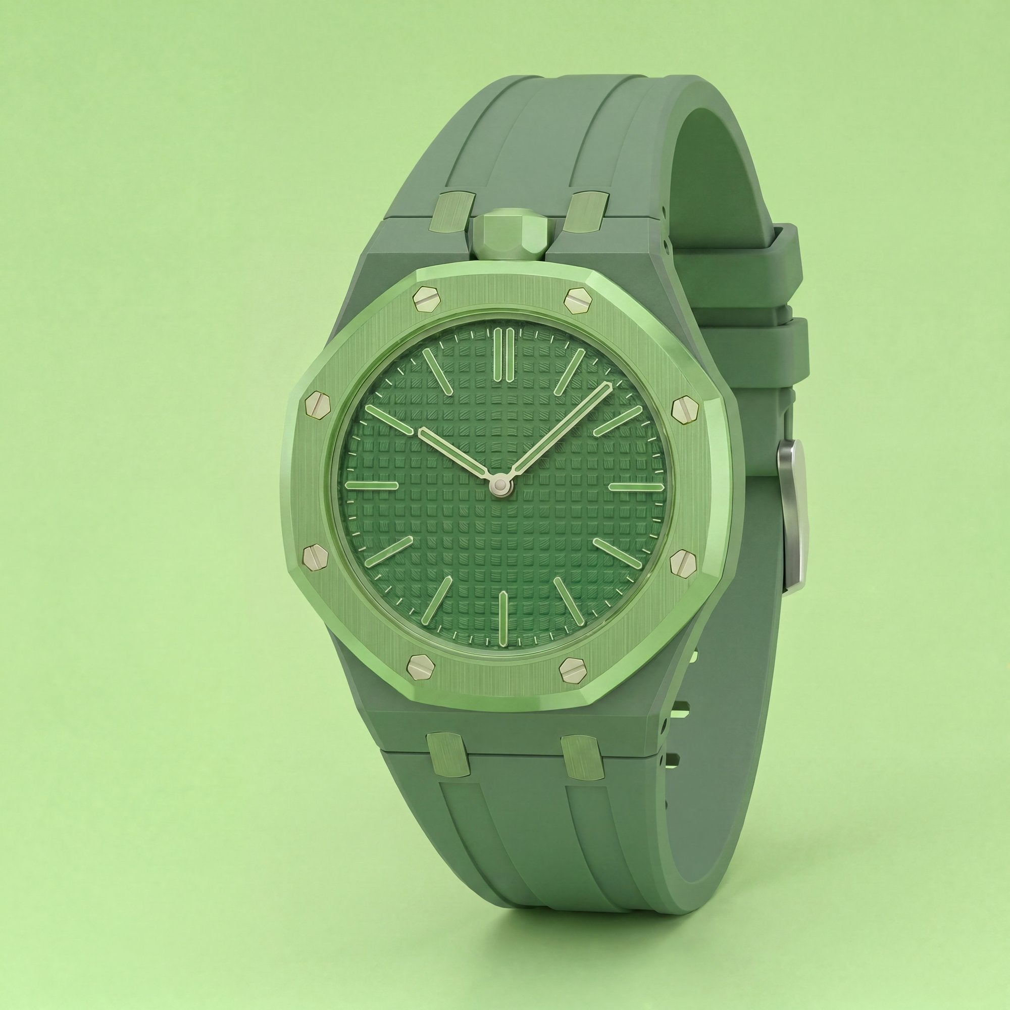 POPSTRAP Green cage strap detail — premium silicone with French manufacturing