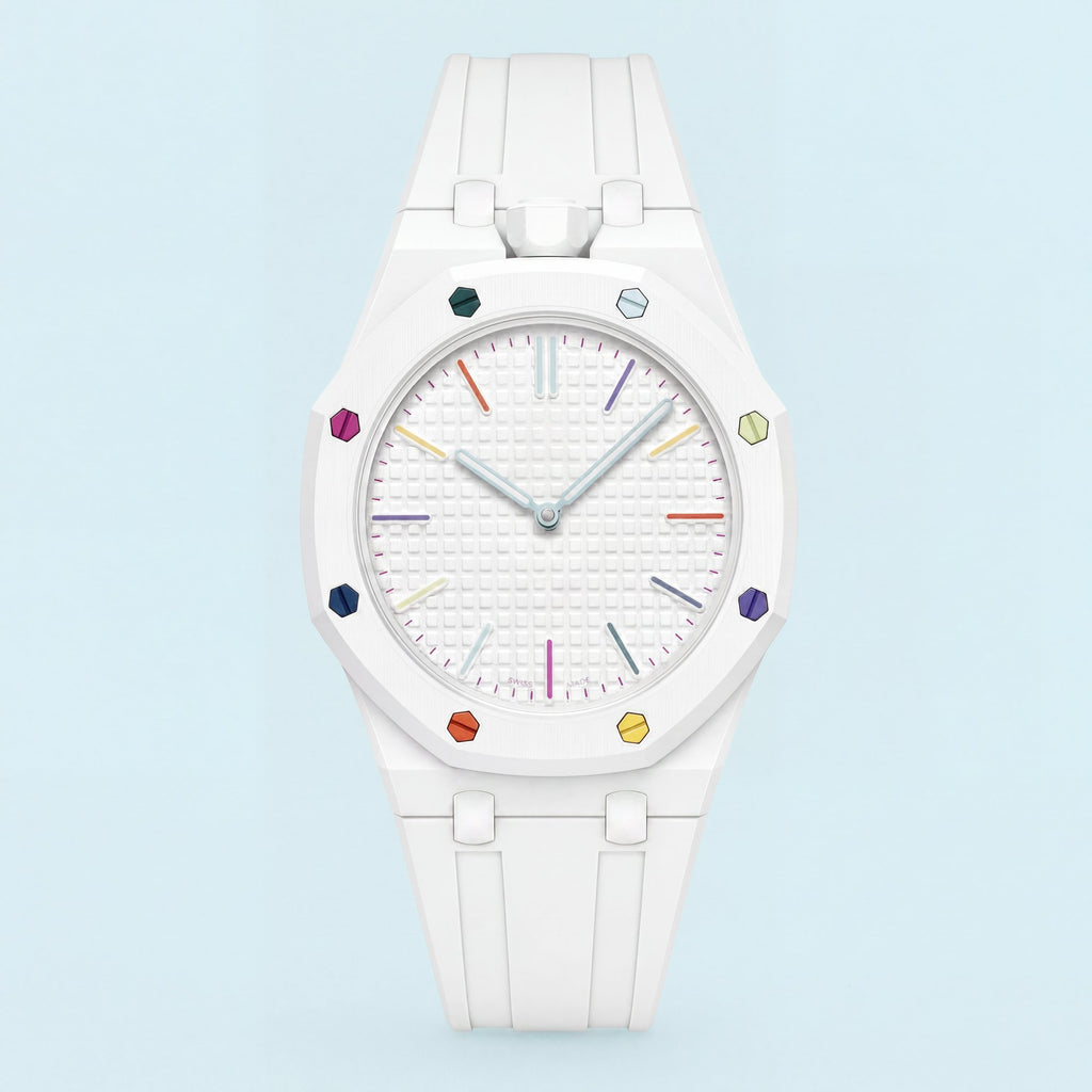 POPSTRAP cage strap in White on the 40mm Swatch x AP pocket-watch head — silicone strap made in France