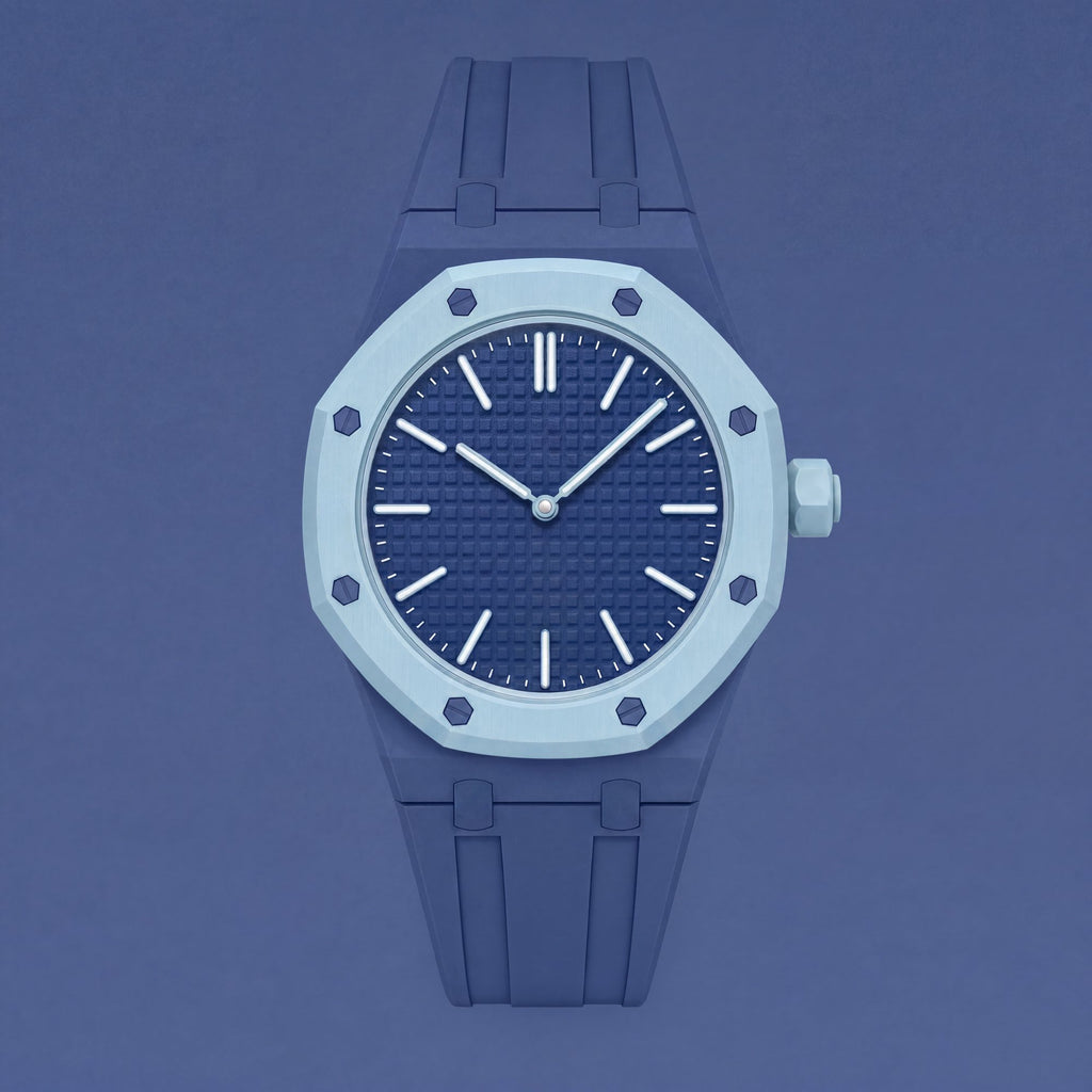 POPSTRAP cage strap in Blue @3 on the 40mm Swatch x AP pocket-watch head — saturated electric blue silicone strap