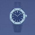 POPSTRAP cage strap in Blue @3 on the 40mm Swatch x AP pocket-watch head — saturated electric blue silicone strap