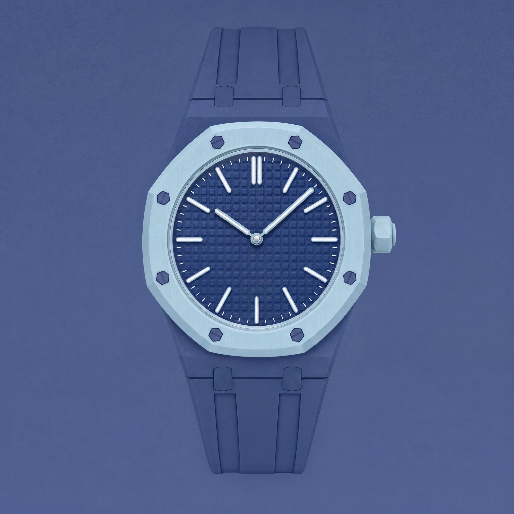 POPSTRAP cage strap in Blue @3 on the 40mm Swatch x AP pocket-watch head — saturated electric blue silicone strap