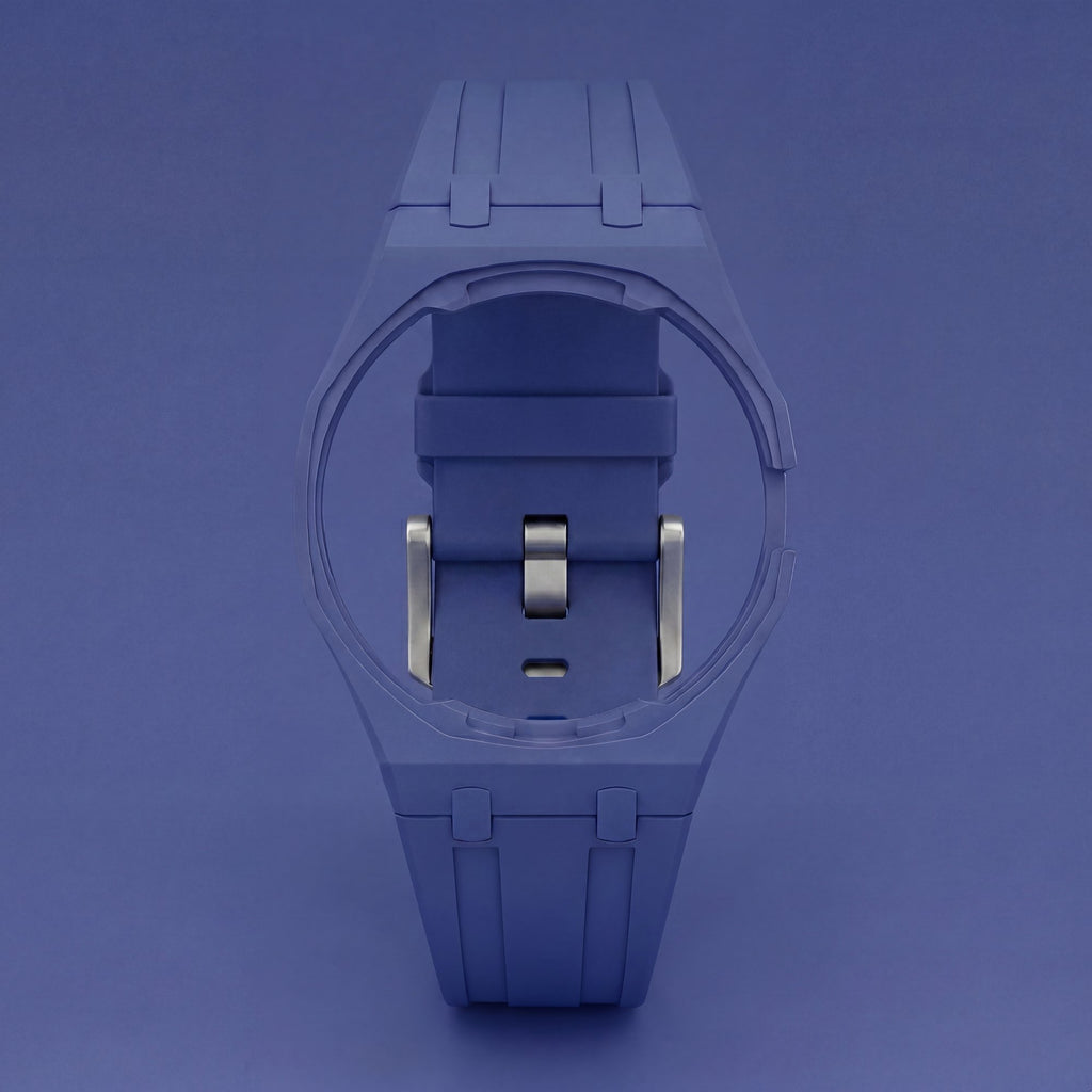 POPSTRAP Blue @3 silicone strap — vibrant blue cage strap for the 40mm Swiss pocket-watch head