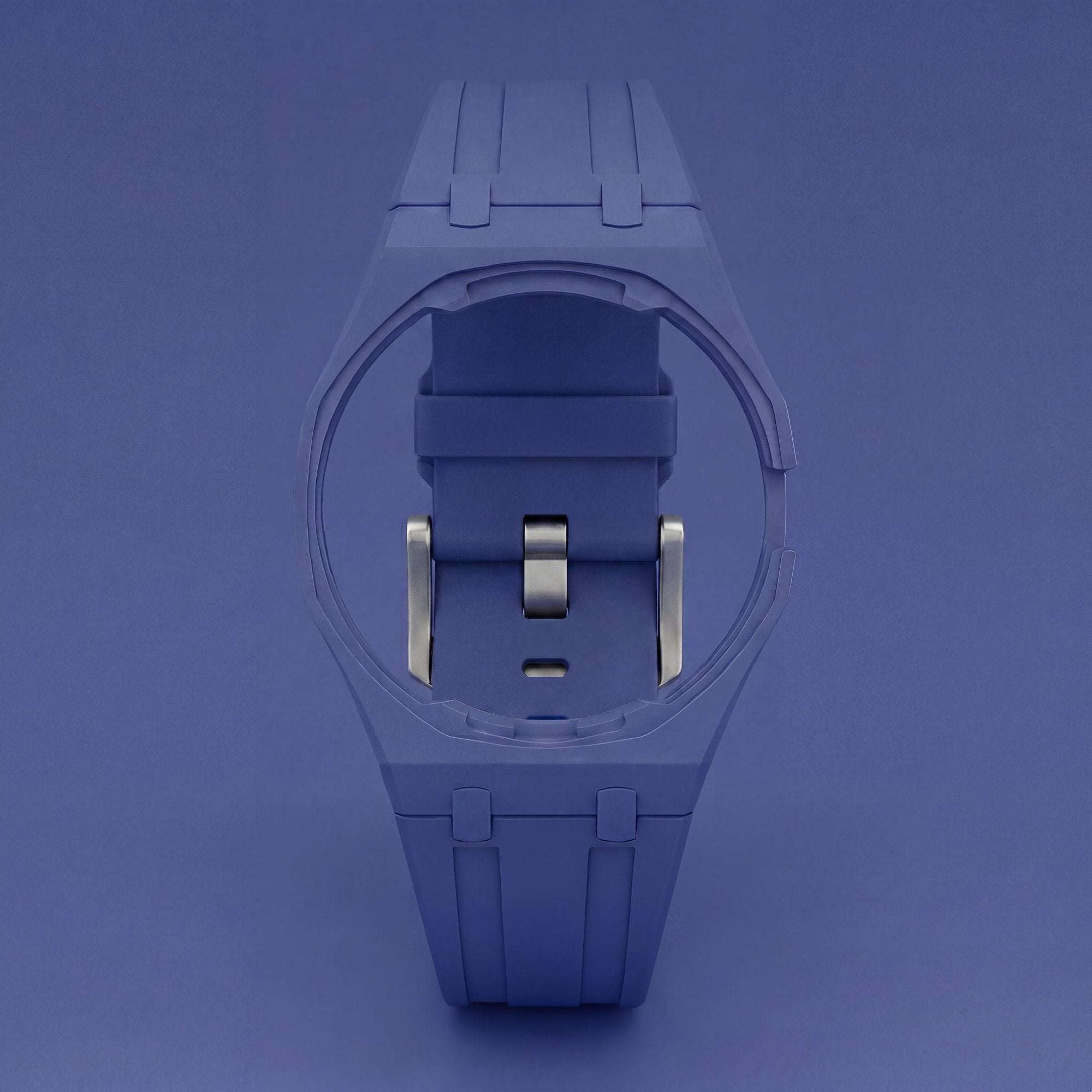 POPSTRAP Blue @3 silicone strap — vibrant blue cage strap for the 40mm Swiss pocket-watch head