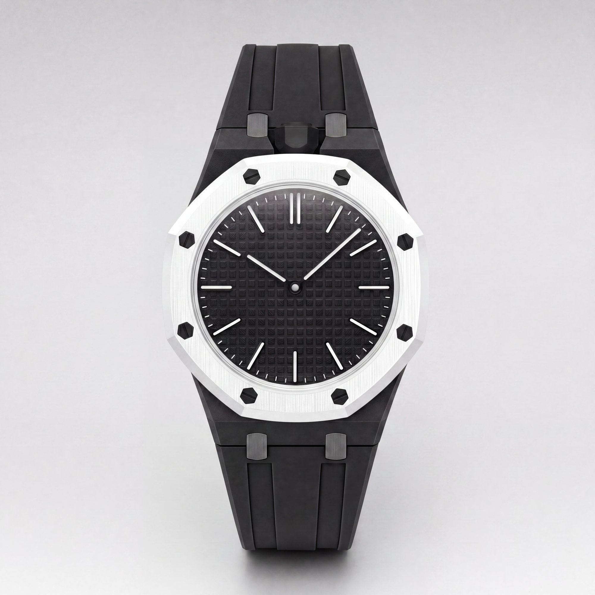 POPSTRAP cage strap in Black on the 40mm Swatch x AP pocket-watch head — silicone strap made in France