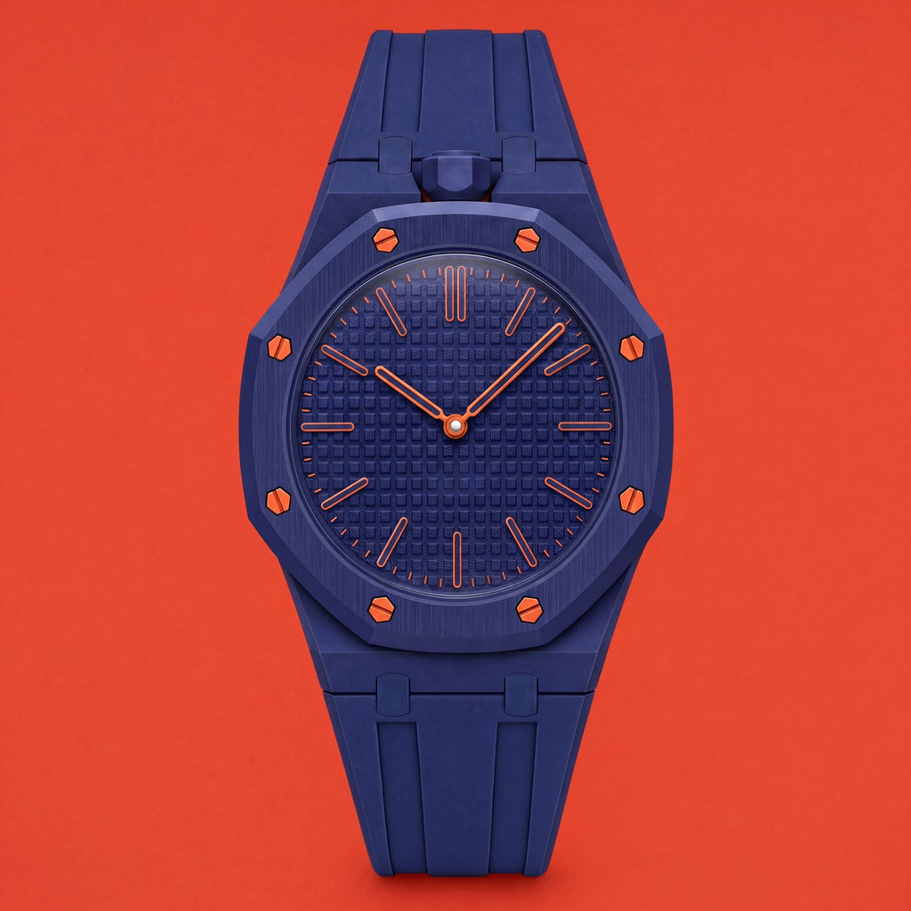 POPSTRAP cage strap in Blue @12 on the 40mm Swatch x AP pocket-watch head — muted marine blue silicone strap