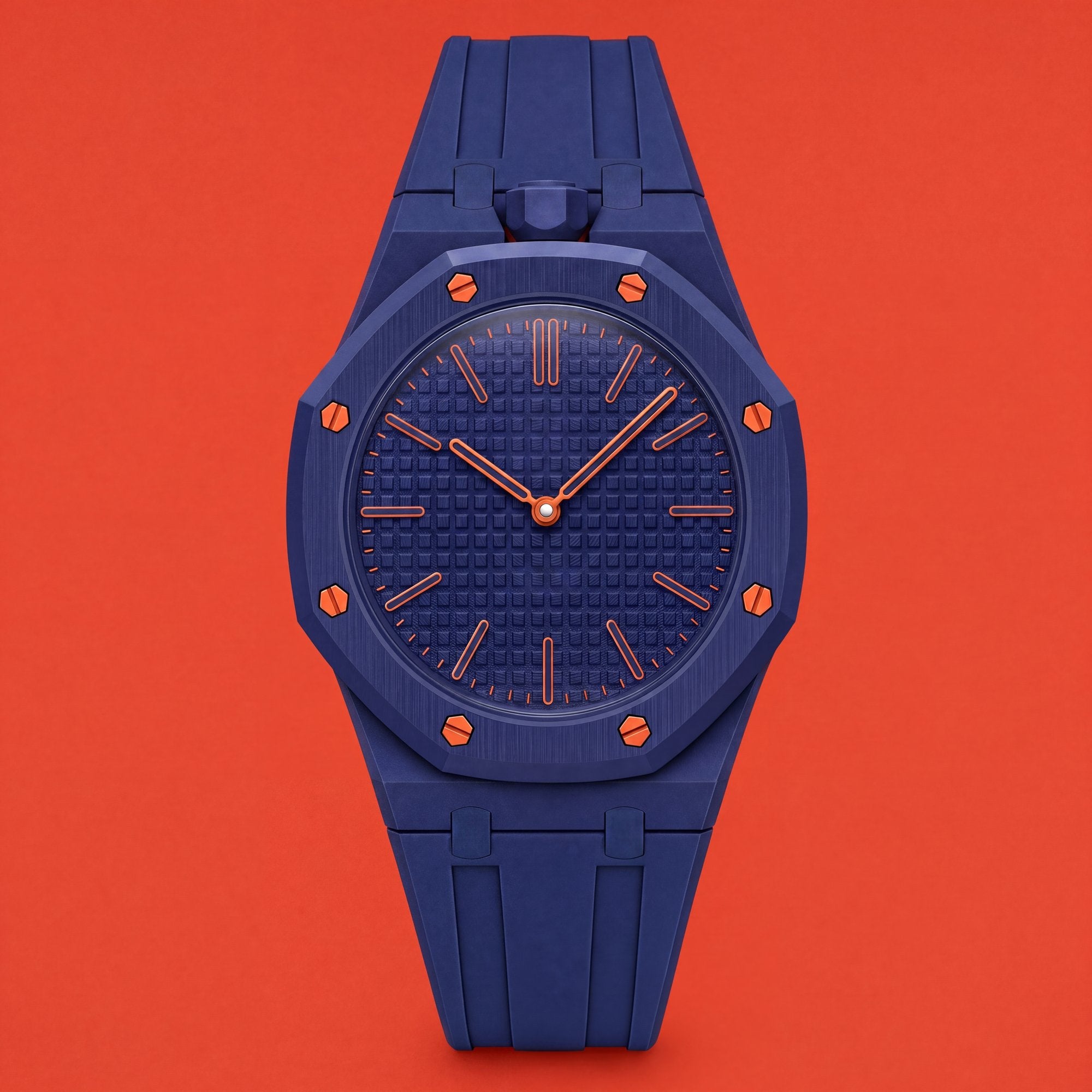 POPSTRAP cage strap in Blue @12 on the 40mm Swatch x AP pocket-watch head — muted marine blue silicone strap