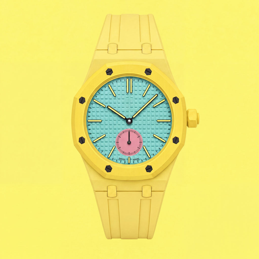 POPSTRAP cage strap in Yellow @3 on the 40mm Swatch x AP pocket-watch head — silicone strap made in France