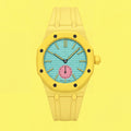 POPSTRAP cage strap in Yellow @3 on the 40mm Swatch x AP pocket-watch head — silicone strap made in France