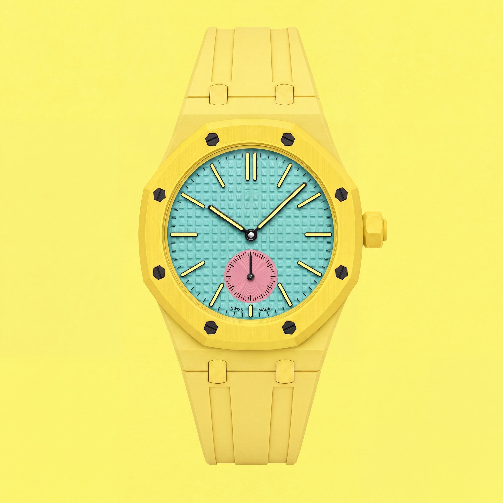 POPSTRAP cage strap in Yellow @3 on the 40mm Swatch x AP pocket-watch head — silicone strap made in France