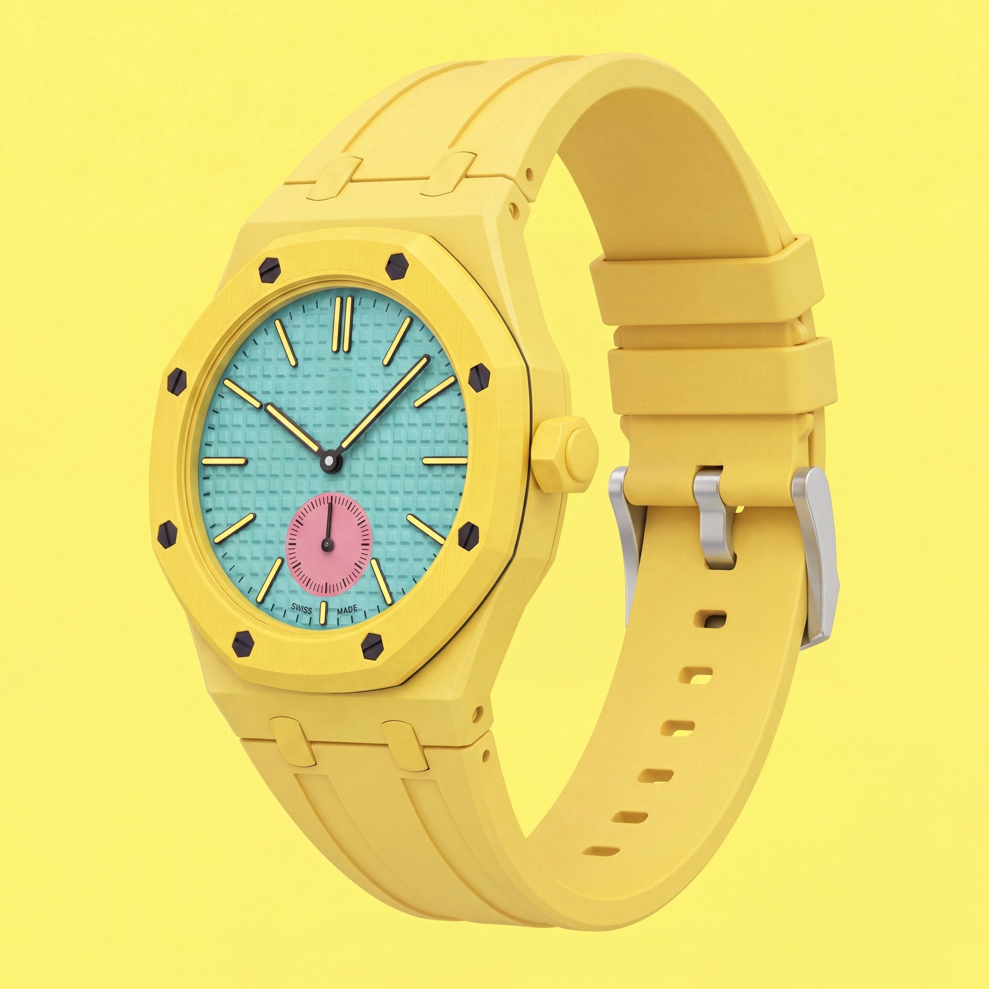 POPSTRAP Yellow @3 cage strap detail — silicone craftsmanship from the French workshop