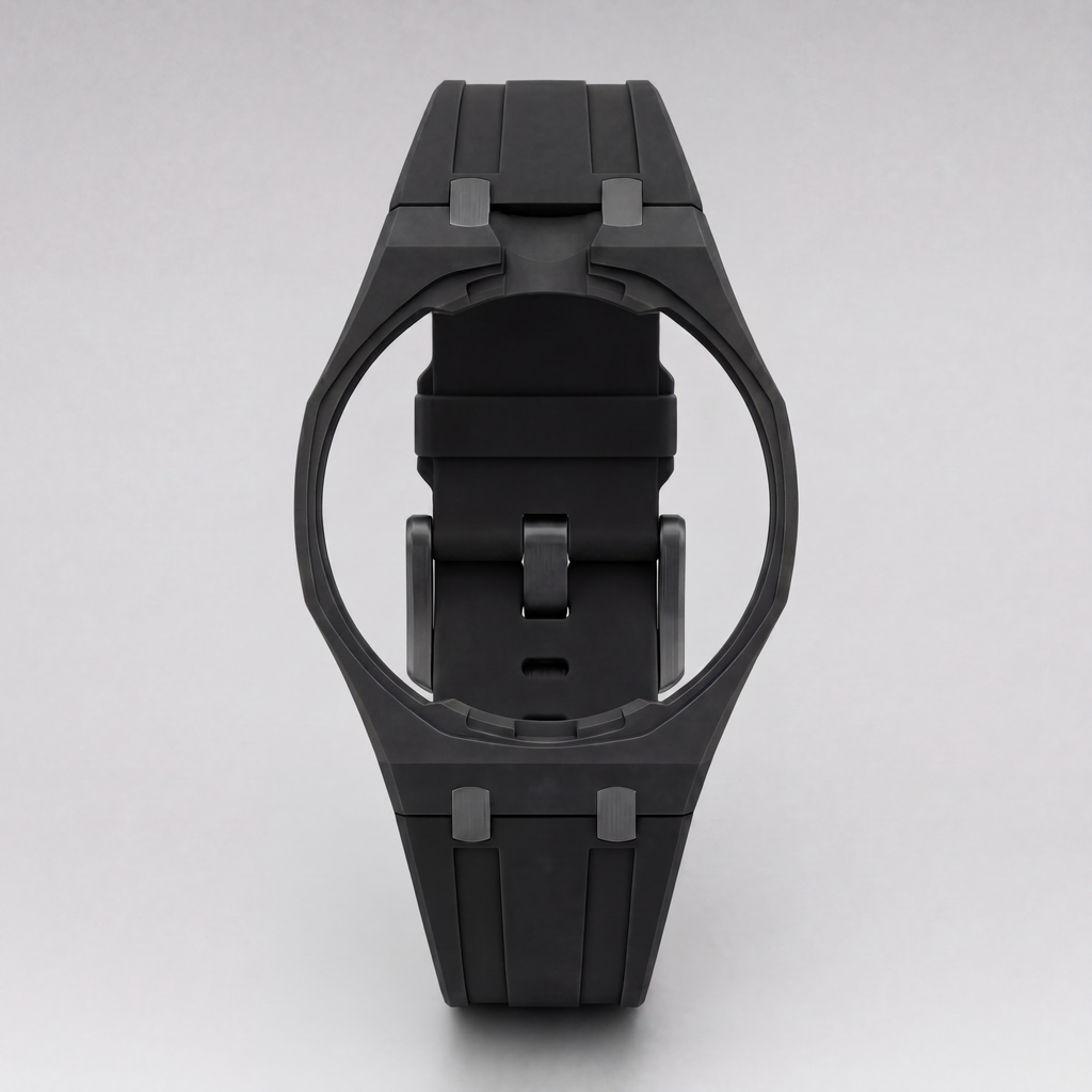 POPSTRAP Black silicone strap, lifestyle shot on wrist — made in France for the 40mm Swiss pocket-watch head