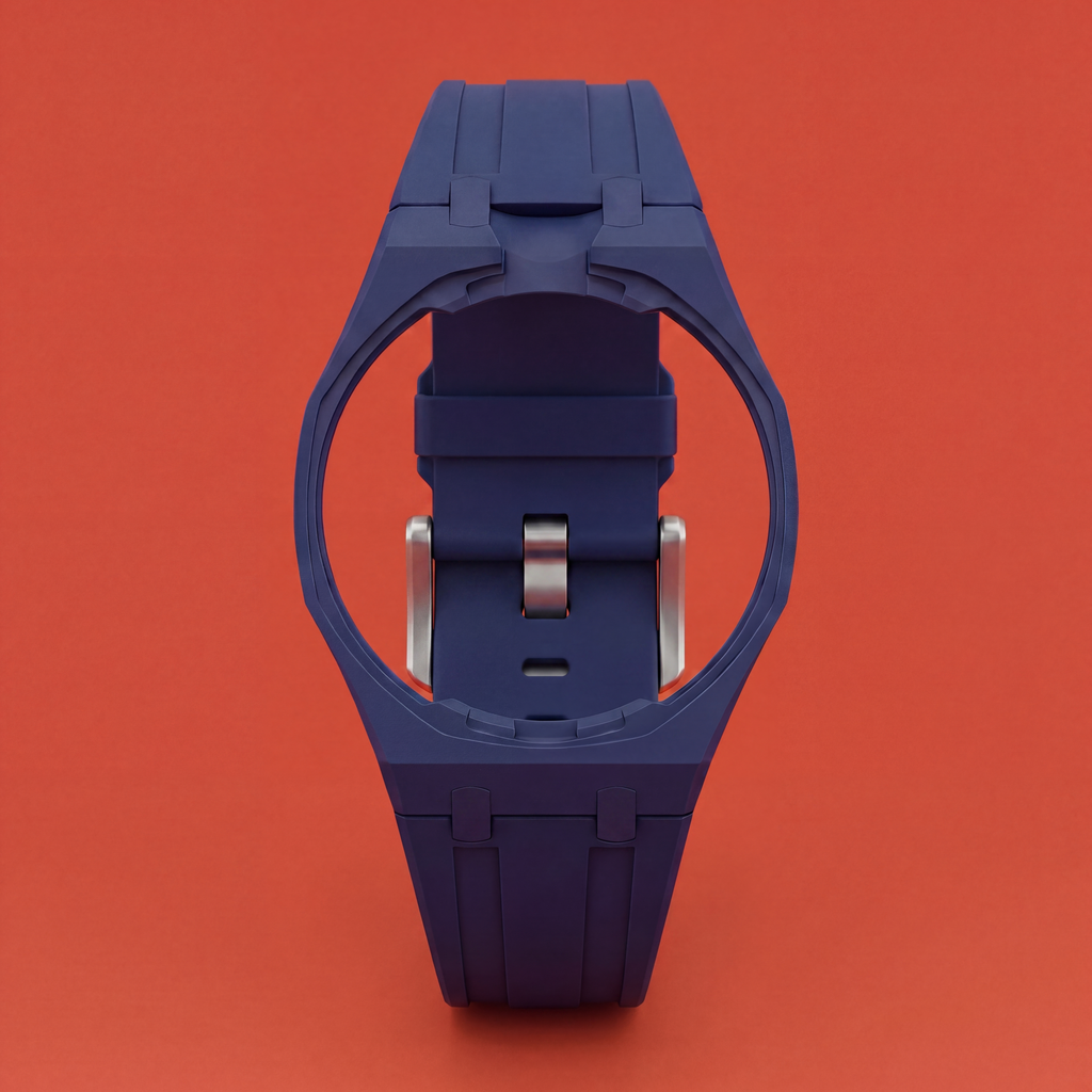 POPSTRAP Blue @12 silicone strap on wrist — marine colorway for the 40mm Swiss pocket-watch head