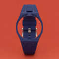 POPSTRAP Blue @12 silicone strap on wrist — marine colorway for the 40mm Swiss pocket-watch head