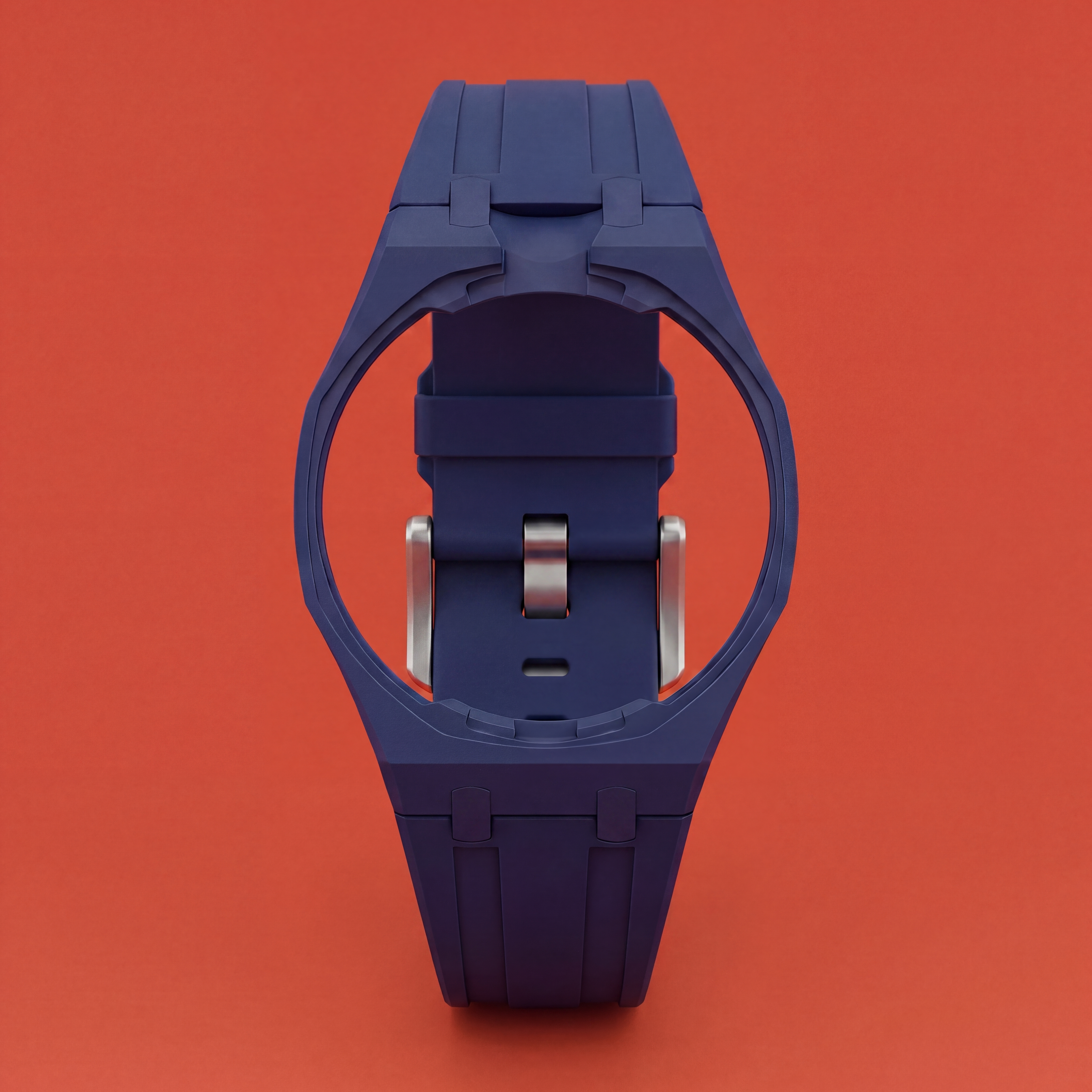 POPSTRAP Blue @12 silicone strap on wrist — marine colorway for the 40mm Swiss pocket-watch head