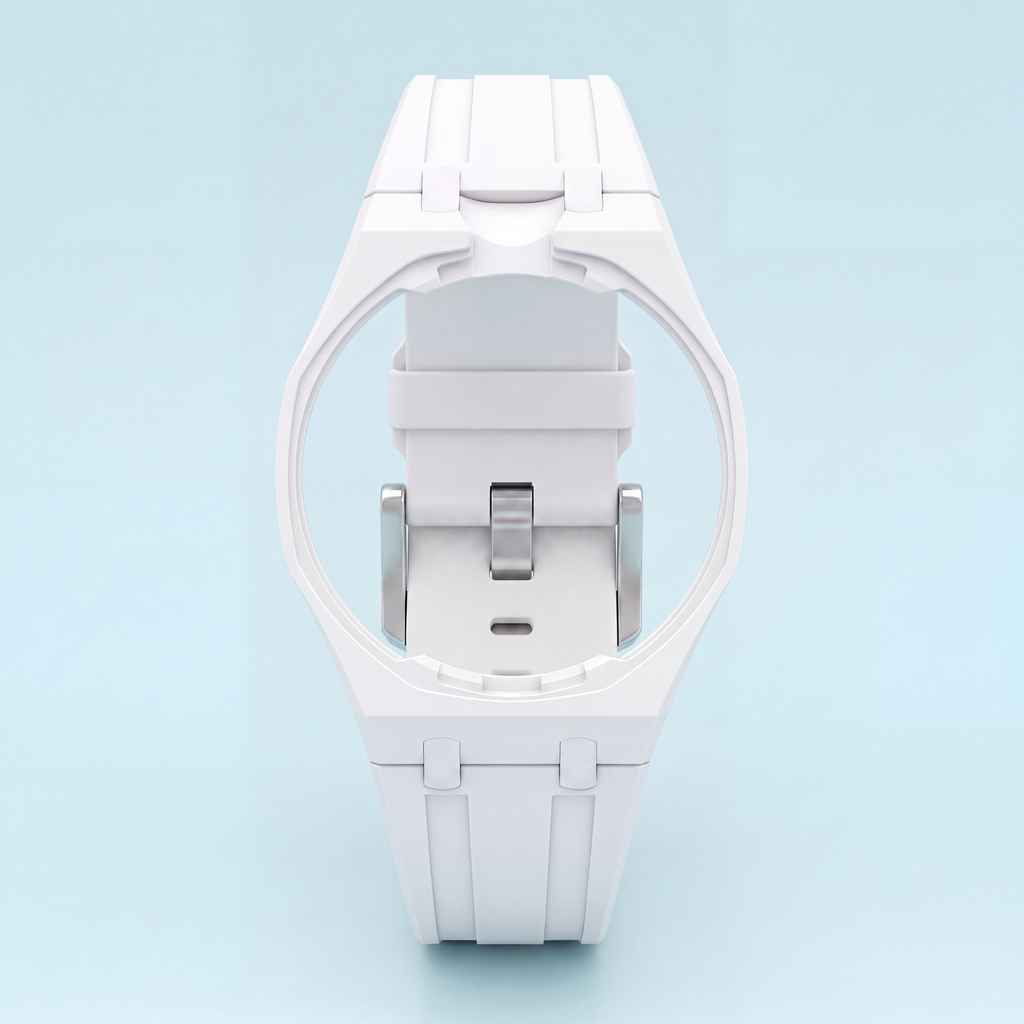 POPSTRAP White silicone strap on wrist — clean colorway, lightweight cage geometry