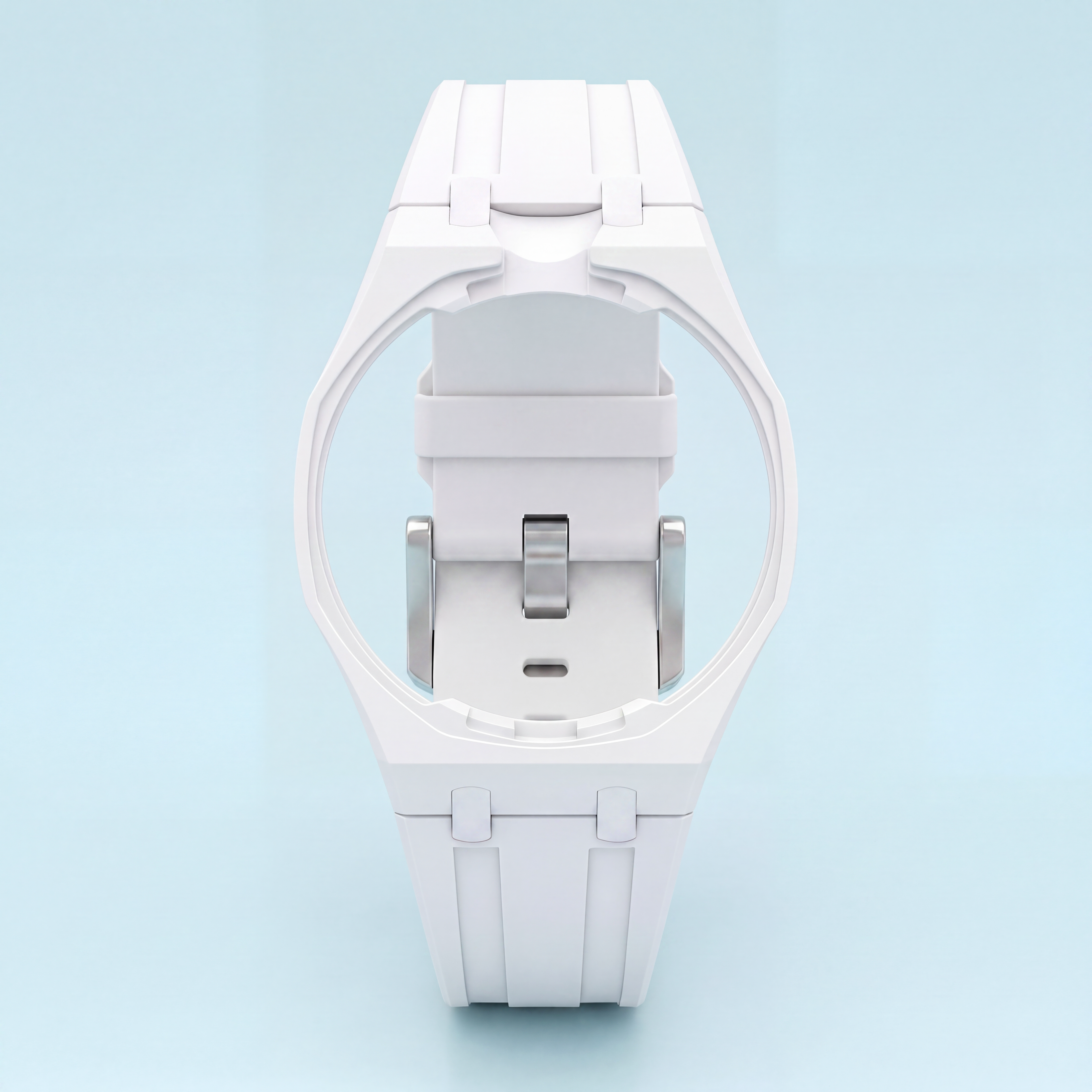 POPSTRAP White silicone strap on wrist — clean colorway, lightweight cage geometry